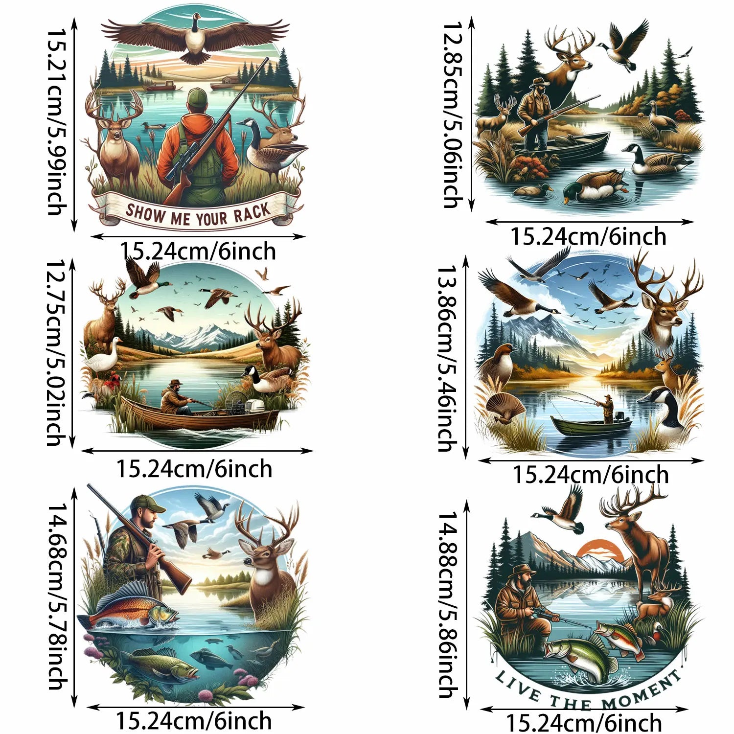 6 Sheets Hunting Themed Iron-On Decals – Deer, Fishing, Duck Heat Transfers for DIY T-Shirts, Masks, Jeans, Backpacks & Hats – Outdoor Adventure & Camo Designs for Hunters & Anglers