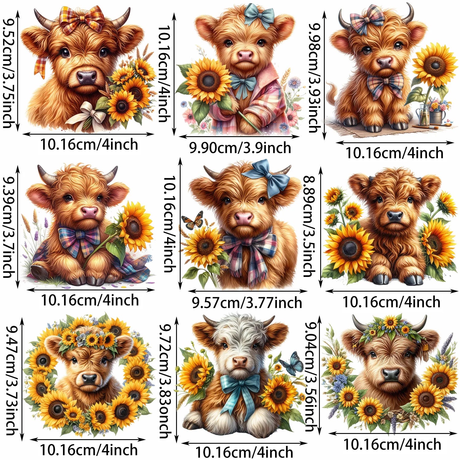 9 Sheets Highland Cattle Iron-On Decals – Funny Animal Theme Heat Transfers for T-Shirts, Sunflower Designs, DIY Clothing, Masks & Jeans – Cows with Flowers, Fluffy Faces & Country Style