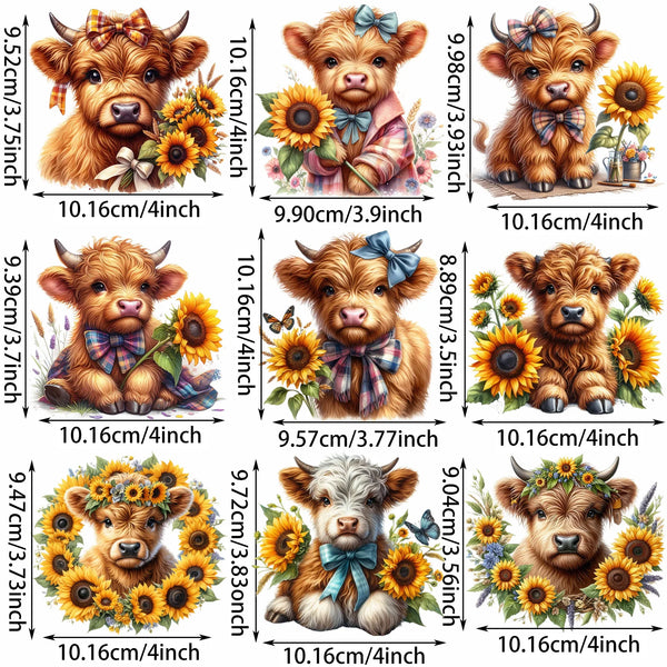 9 Sheets Highland Cattle Iron-On Decals – Funny Animal Theme Heat Transfers for T-Shirts, Sunflower Designs, DIY Clothing, Masks & Jeans – Cows with Flowers, Fluffy Faces & Country Style