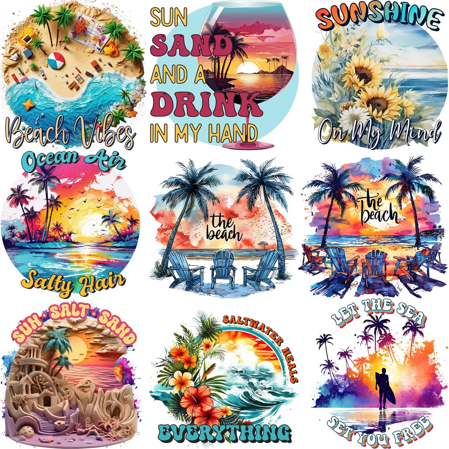 9 Pack Summer Sunset Iron-On Patches – Beach Theme Heat Transfers for T-Shirts, DIY Clothing & Vacation Crafts – Tropical Sun, Palm Trees, Ocean Waves & Coastal Designs