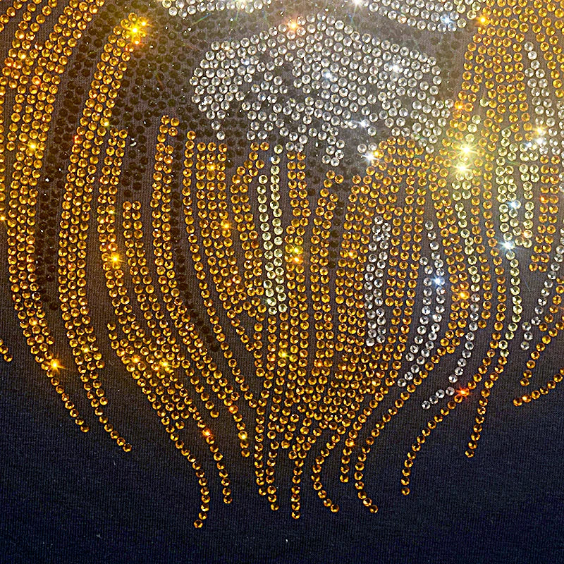Golden Lion Hot Diamond Sequin Iron-On Applique Patch – Hot Fix Rhinestone Transfer Motif for DIY Shirts, Dresses, Jackets & Bags – Royal Gold Lion Design for Clothing Decoration