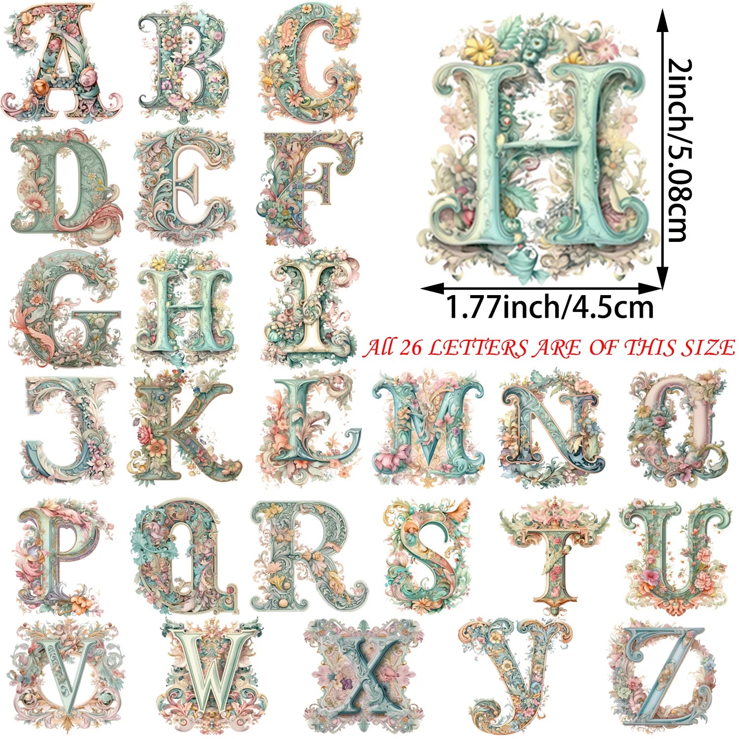 2 Sets of 2 Inch Personalized Floral English Alphabet Theme Print Iron-On Decals