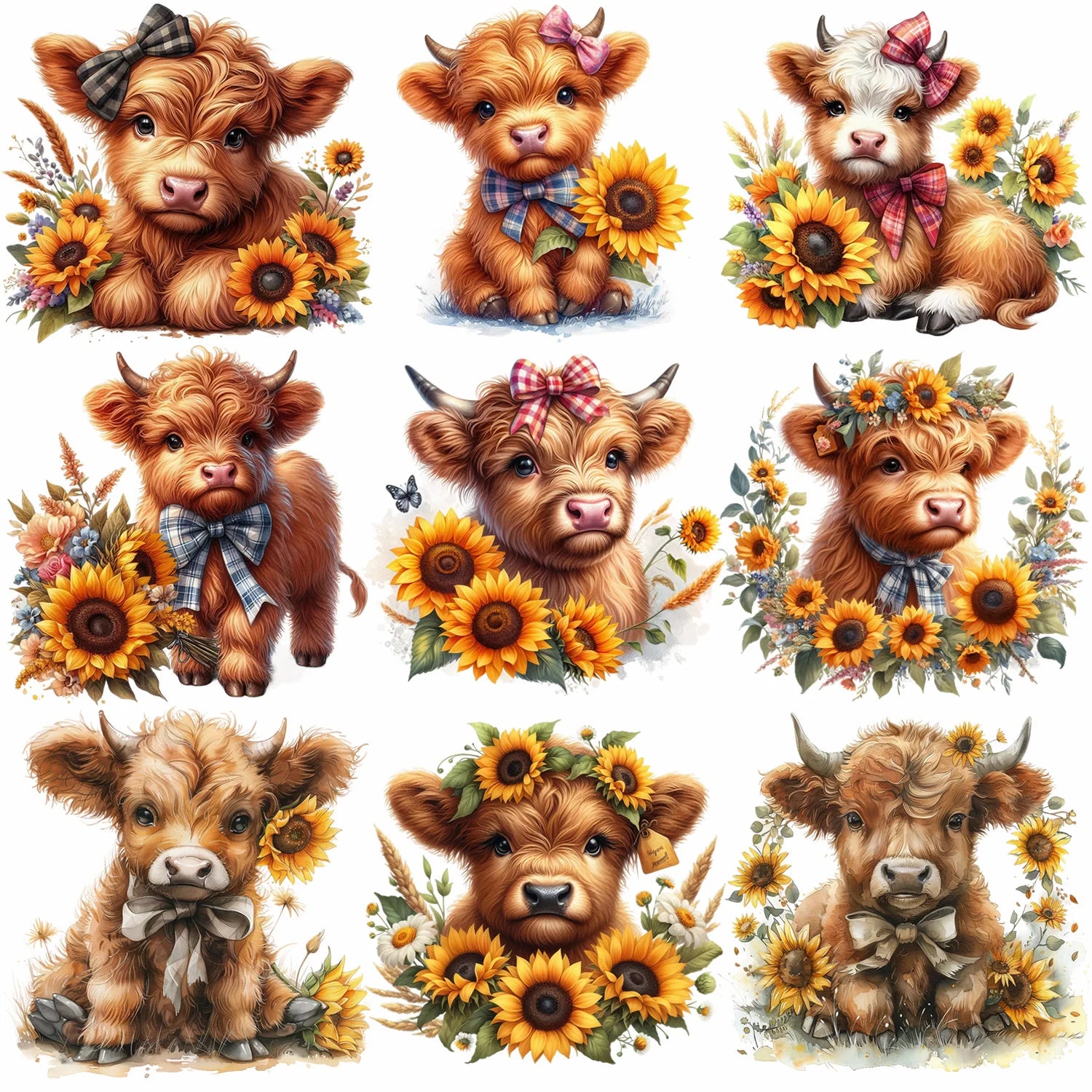9 Sheets Highland Cattle Iron-On Decals – Funny Animal Theme Heat Transfers for T-Shirts, Sunflower Designs, DIY Clothing, Masks & Jeans – Cows with Flowers, Fluffy Faces & Country Style
