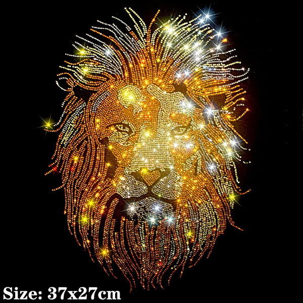 Golden Lion Hot Diamond Sequin Iron-On Applique Patch – Hot Fix Rhinestone Transfer Motif for DIY Shirts, Dresses, Jackets & Bags – Royal Gold Lion Design for Clothing Decoration