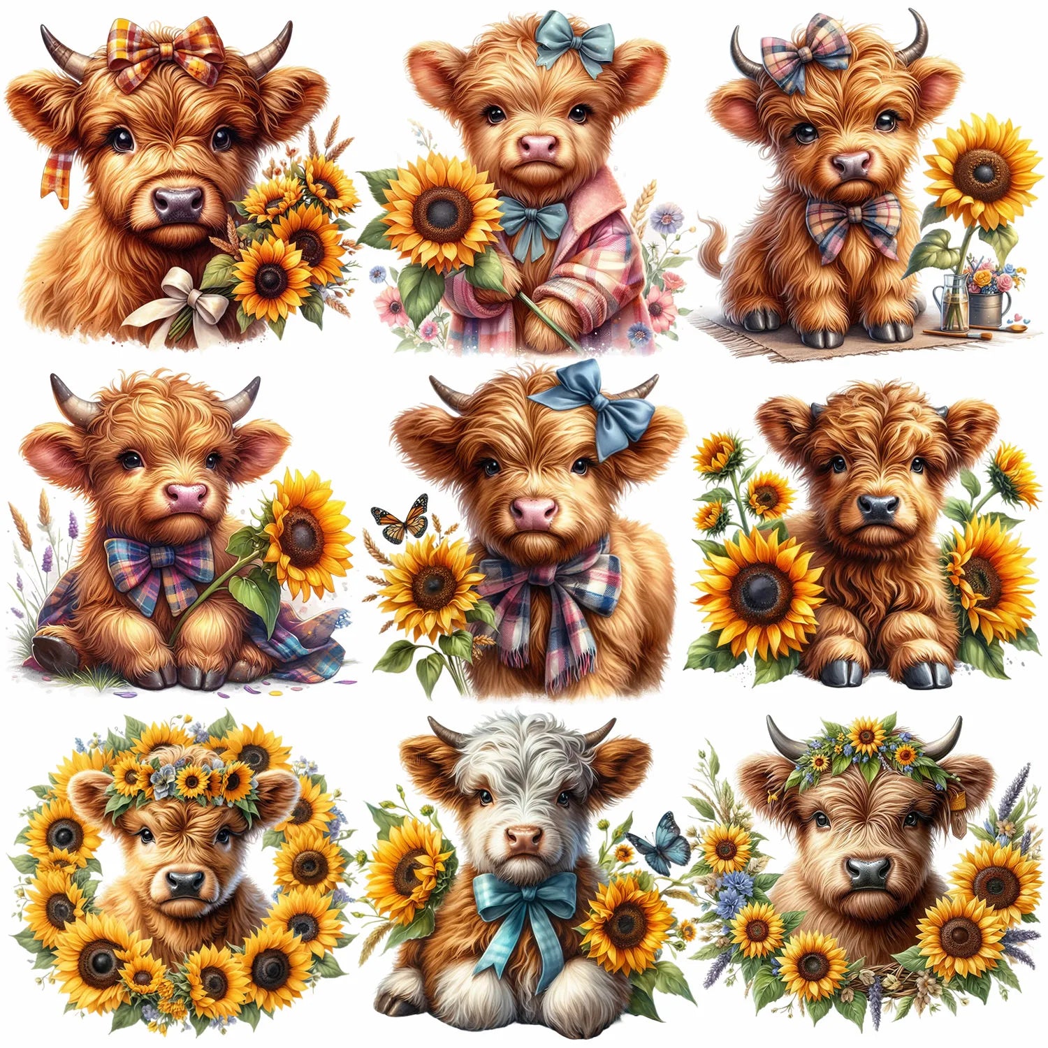 9 Sheets Highland Cattle Iron-On Decals – Funny Animal Theme Heat Transfers for T-Shirts, Sunflower Designs, DIY Clothing, Masks & Jeans – Cows with Flowers, Fluffy Faces & Country Style