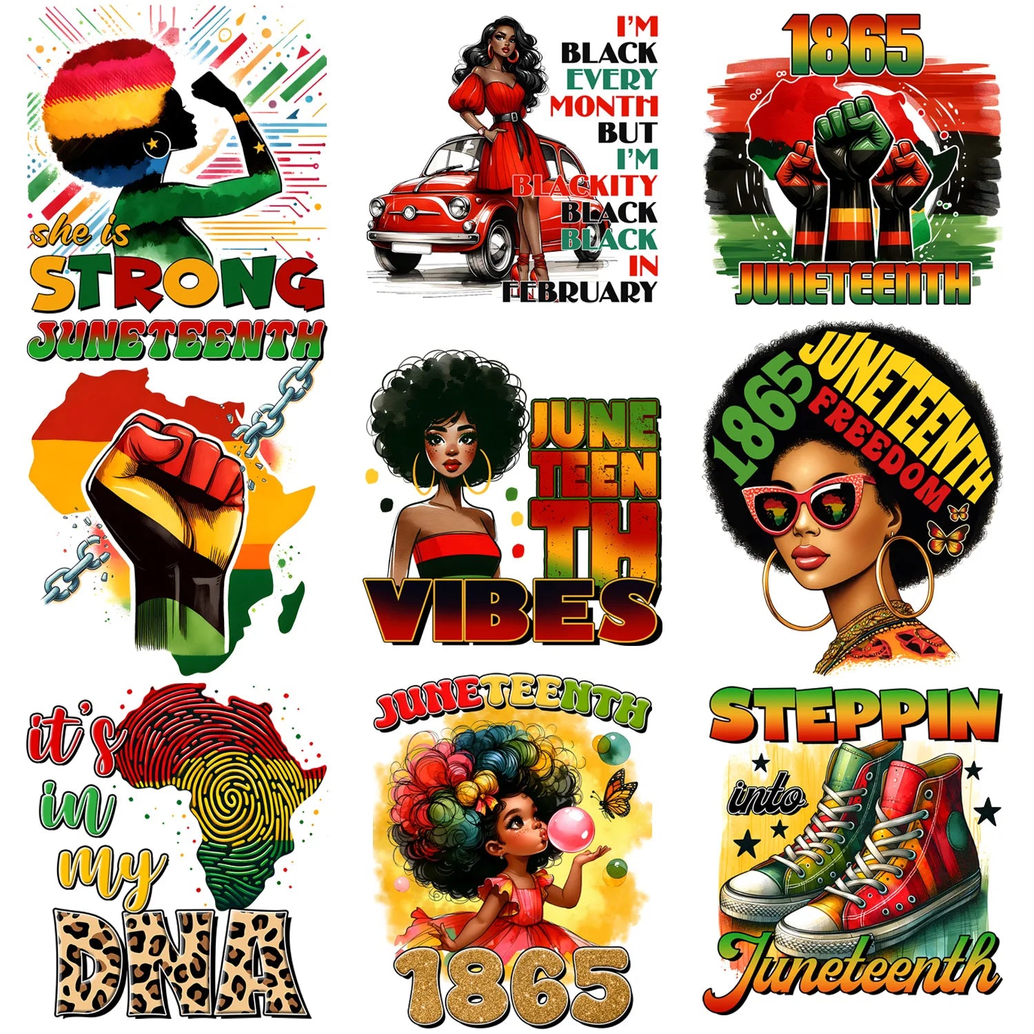 9 Sheets Black Queen Iron-On Decals – Afrocentric Heat Transfers for T-Shirts, Juneteenth Apparel, DIY Clothing, Masks, Jeans & Backpacks – Melanin, Afro Crown, Royal & Empowered Designs
