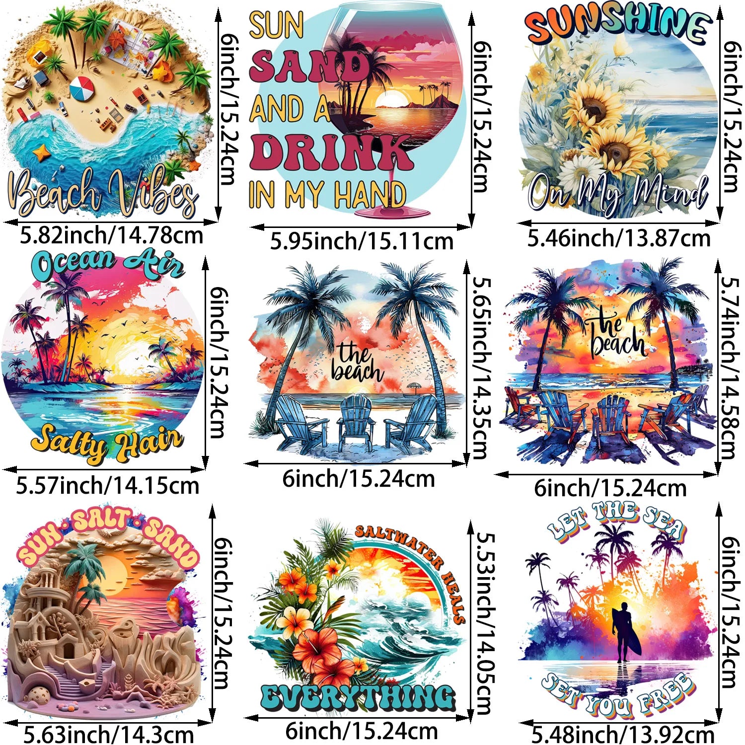 9 Pack Summer Sunset Iron-On Patches – Beach Theme Heat Transfers for T-Shirts, DIY Clothing & Vacation Crafts – Tropical Sun, Palm Trees, Ocean Waves & Coastal Designs