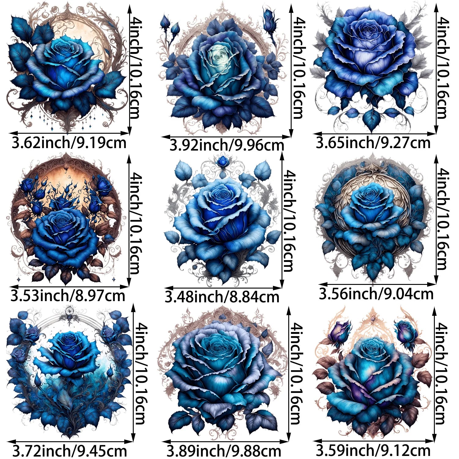 9 Sheets 4 Inch Blue Rose Iron-On Applique Patches – Floral Theme Heat Transfer for DIY Clothing, T-Shirts, Masks, Jeans & Crafts