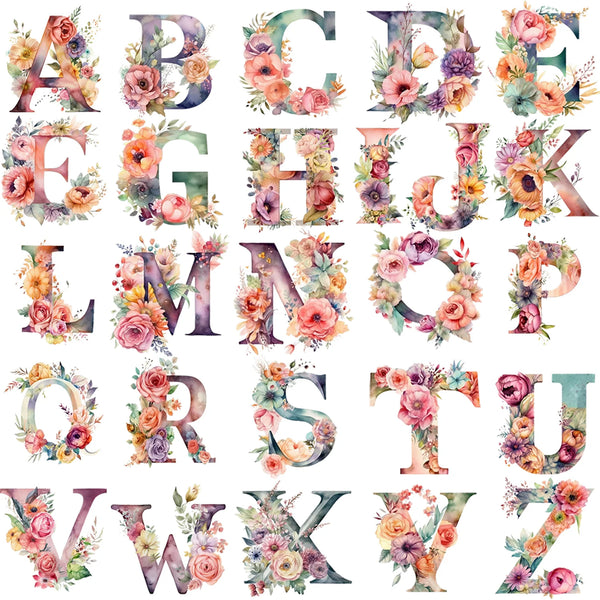 2 Sets of 2 Inch Personalized Floral English Alphabet Theme Print Iron-On Decals