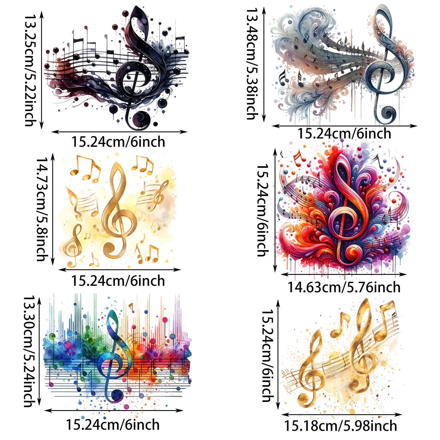 6 Sheets Musical Note Theme Iron-On Decals – T-Shirt Heat Transfers for DIY Music Projects, Suitable for Cotton Fabrics, Denim, Canvas Bags & Face Masks