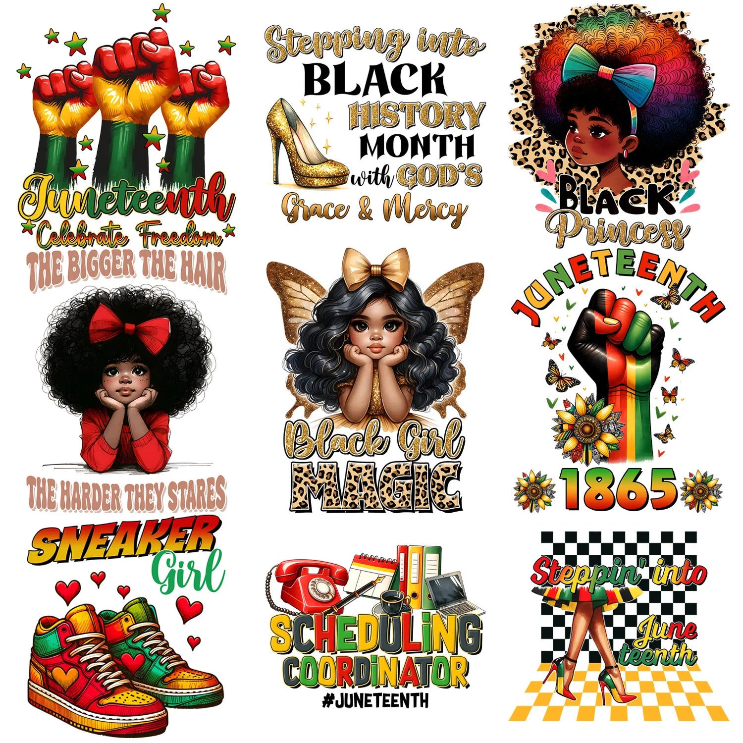 9 Sheets Black Queen Iron-On Decals – Afrocentric Heat Transfers for T-Shirts, Juneteenth Apparel, DIY Clothing, Masks, Jeans & Backpacks – Melanin, Afro Crown, Royal & Empowered Designs