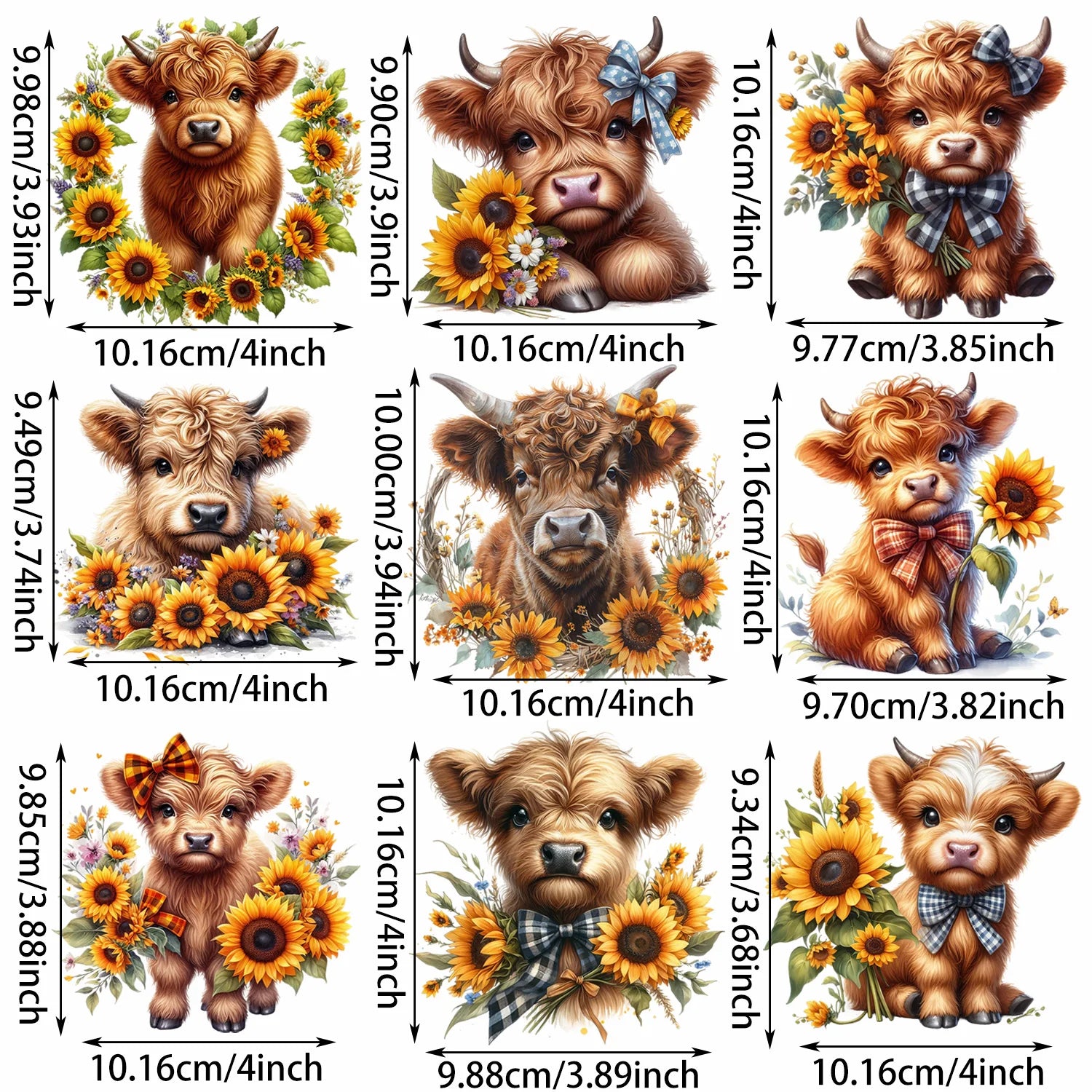 9 Sheets Highland Cattle Iron-On Decals – Funny Animal Theme Heat Transfers for T-Shirts, Sunflower Designs, DIY Clothing, Masks & Jeans – Cows with Flowers, Fluffy Faces & Country Style