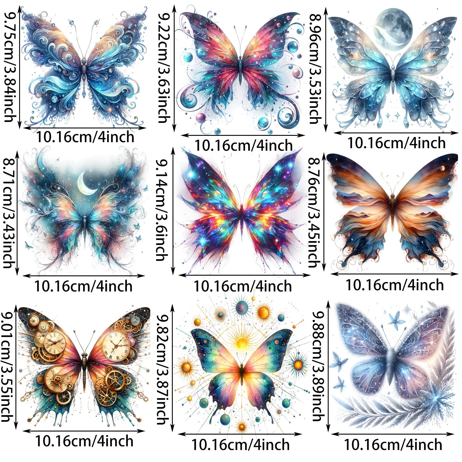 9 Sheets Colorful Butterfly Iron-On Decals – Beautiful Rainbow Wing Heat Transfers for T-Shirts, DIY Clothing, Masks, Jeans & Backpacks – Cool Vibrant Butterfly Designs for Adults, Teens & Kids