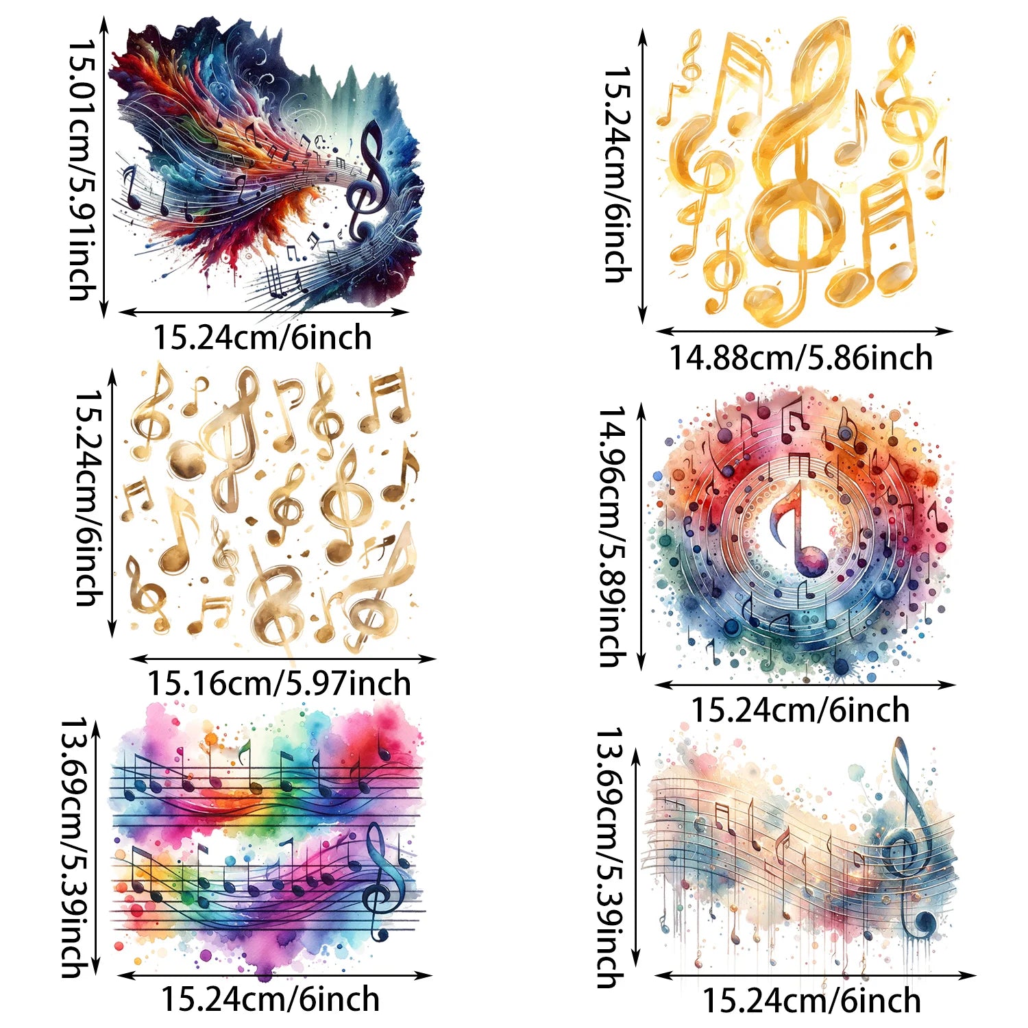 6 Sheets Musical Note Theme Iron-On Decals – T-Shirt Heat Transfers for DIY Music Projects, Suitable for Cotton Fabrics, Denim, Canvas Bags & Face Masks