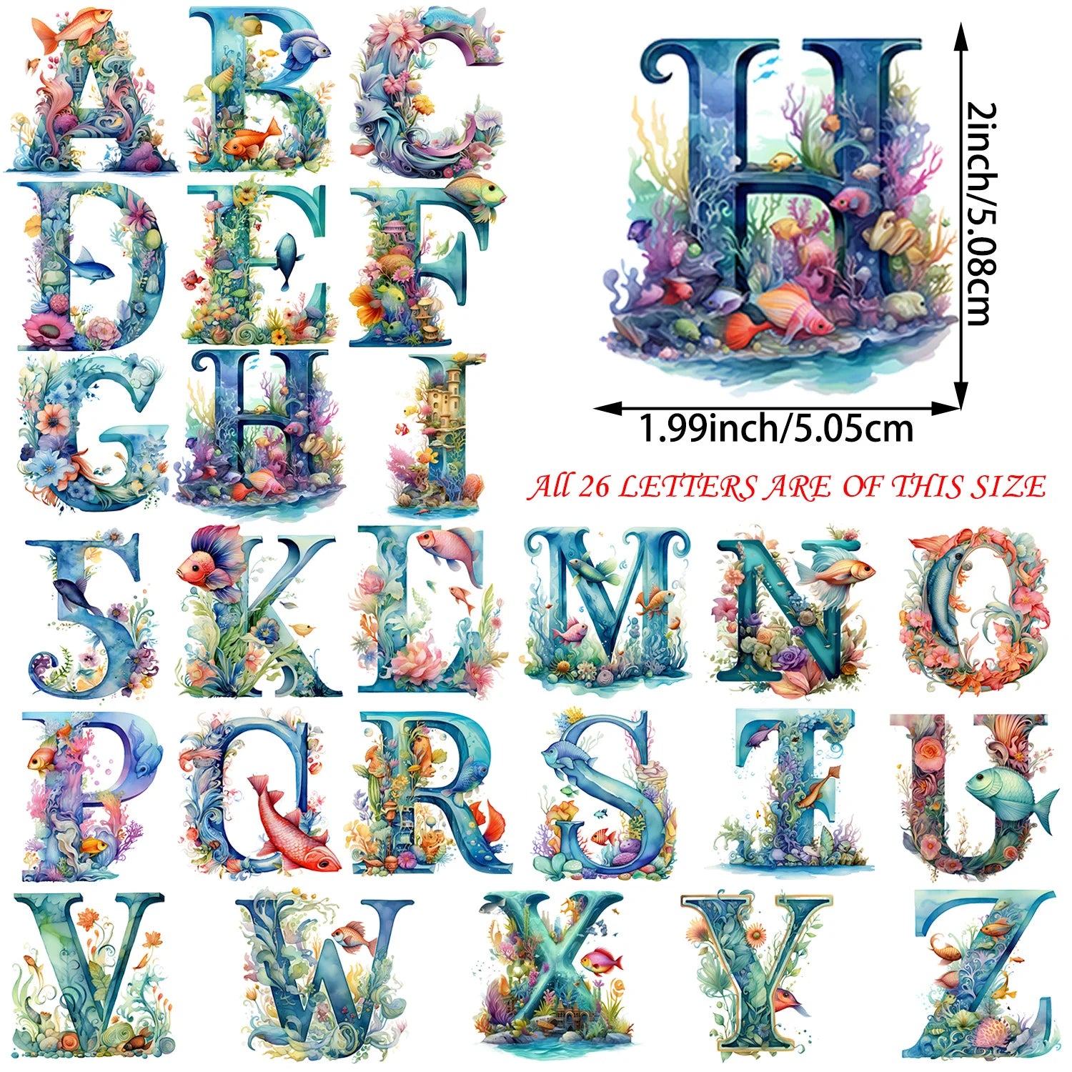 2 Sets of 2 Inch Personalized Floral English Alphabet Theme Print Iron-On Decals