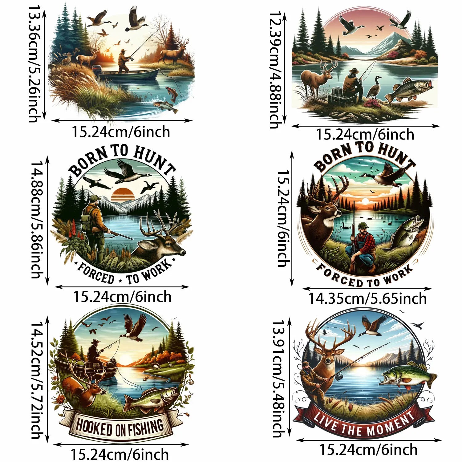 6 Sheets Hunting Themed Iron-On Decals – Deer, Fishing, Duck Heat Transfers for DIY T-Shirts, Masks, Jeans, Backpacks & Hats – Outdoor Adventure & Camo Designs for Hunters & Anglers