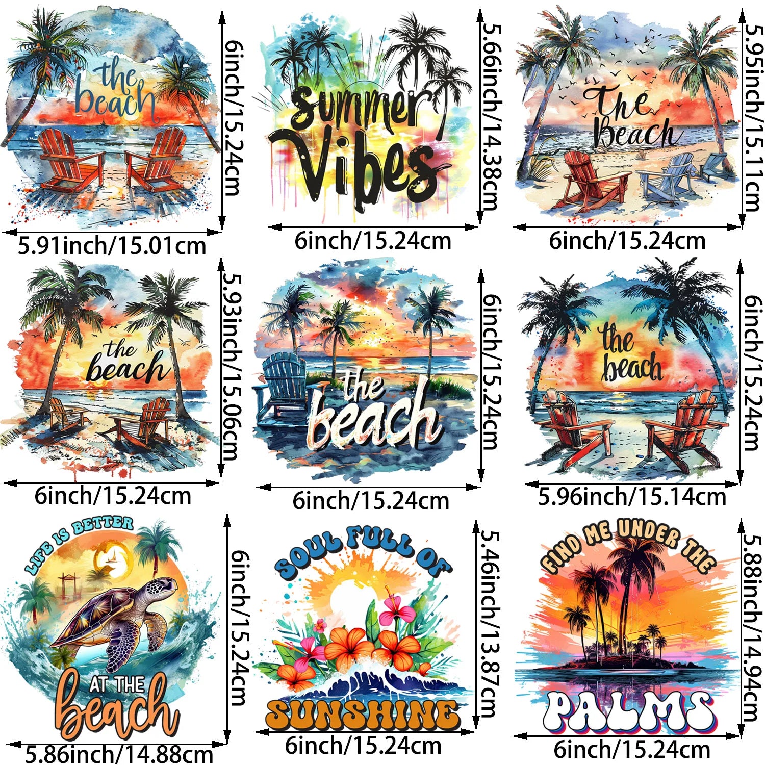 9 Pack Summer Sunset Iron-On Patches – Beach Theme Heat Transfers for T-Shirts, DIY Clothing & Vacation Crafts – Tropical Sun, Palm Trees, Ocean Waves & Coastal Designs