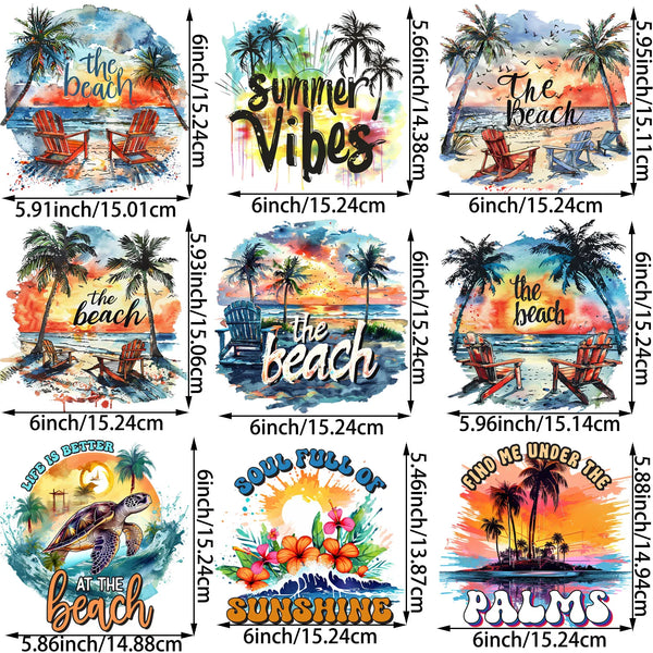 9 Pack Summer Sunset Iron-On Patches – Beach Theme Heat Transfers for T-Shirts, DIY Clothing & Vacation Crafts – Tropical Sun, Palm Trees, Ocean Waves & Coastal Designs