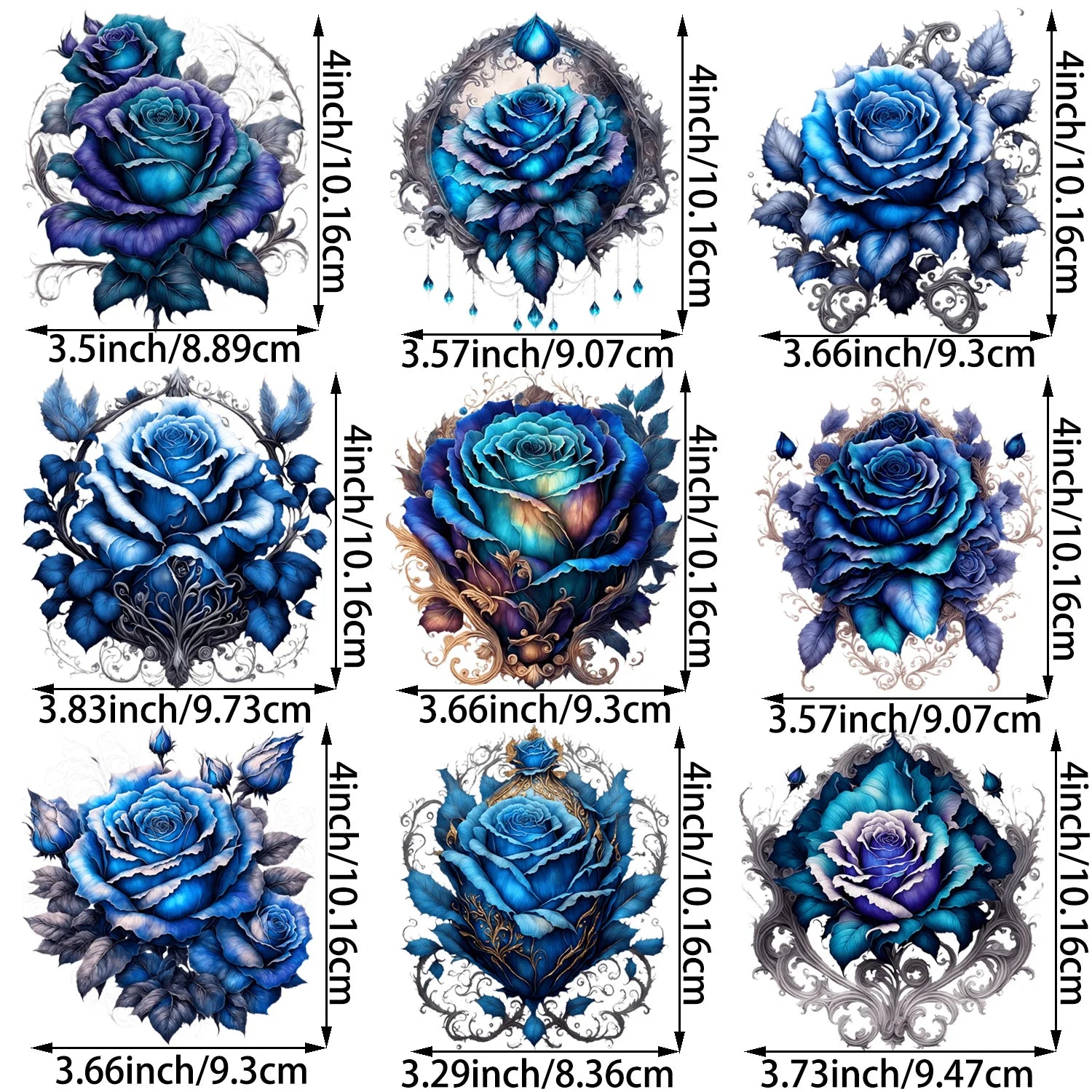 9 Sheets 4 Inch Blue Rose Iron-On Applique Patches – Floral Theme Heat Transfer for DIY Clothing, T-Shirts, Masks, Jeans & Crafts