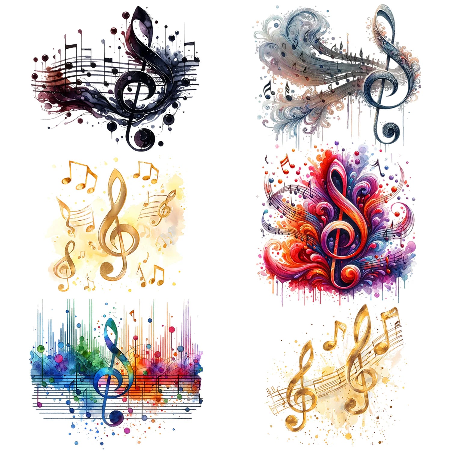 6 Sheets Musical Note Theme Iron-On Decals – T-Shirt Heat Transfers for DIY Music Projects, Suitable for Cotton Fabrics, Denim, Canvas Bags & Face Masks