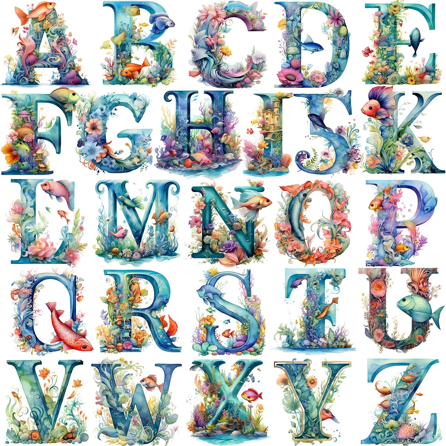 2 Sets of 2 Inch Personalized Floral English Alphabet Theme Print Iron-On Decals
