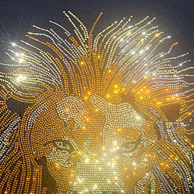 Golden Lion Hot Diamond Sequin Iron-On Applique Patch – Hot Fix Rhinestone Transfer Motif for DIY Shirts, Dresses, Jackets & Bags – Royal Gold Lion Design for Clothing Decoration
