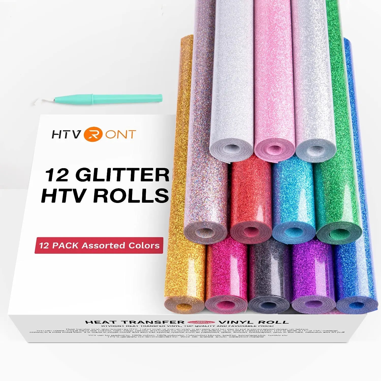12 Pack Glitter HTV Rolls – 10"x5ft Sparkle Iron On Vinyl for Cricut, DIY T-Shirts, Stockings & Christmas Decor by HTVRONT