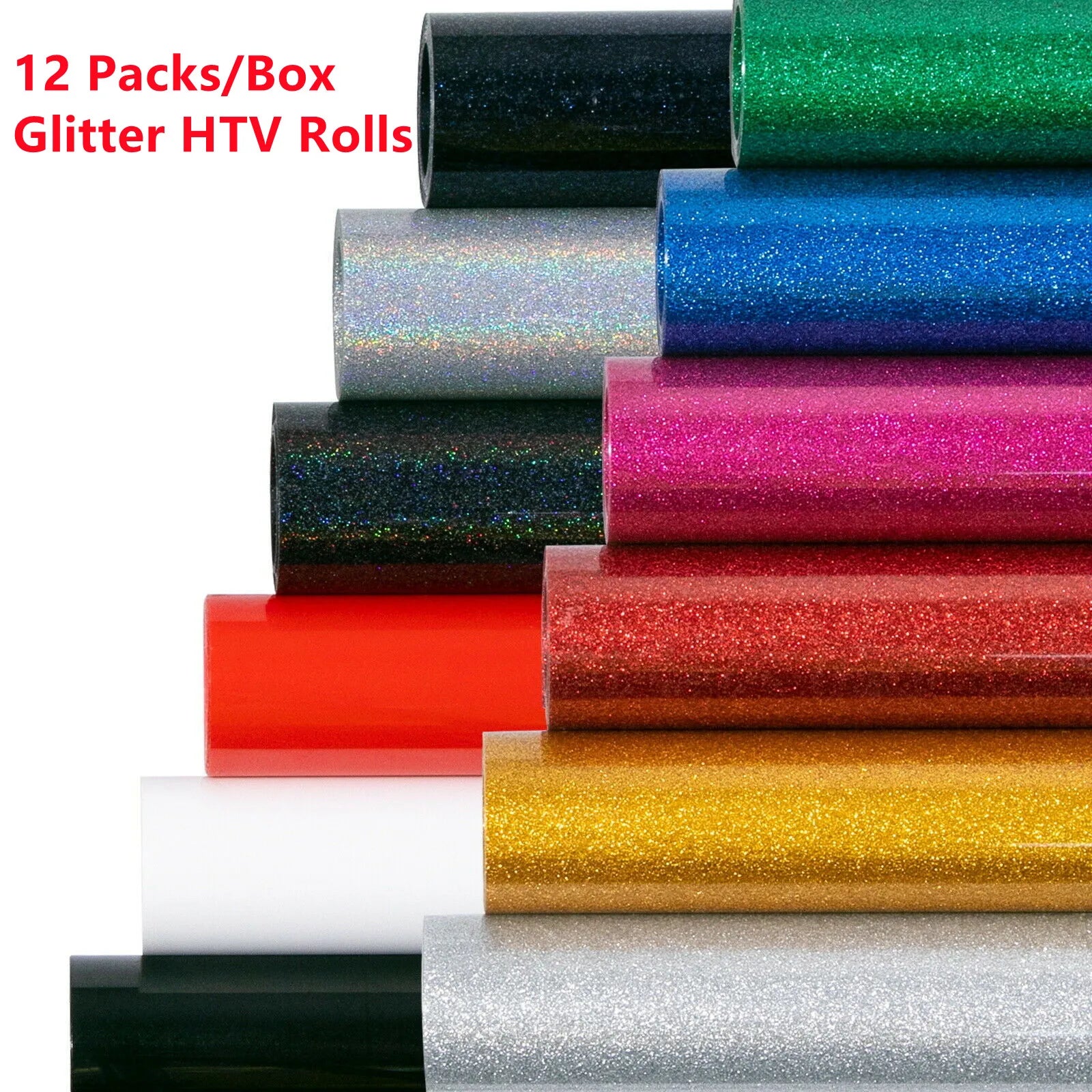 12 Pack Glitter HTV Rolls – 10"x5ft Sparkle Iron On Vinyl for Cricut, DIY T-Shirts, Stockings & Christmas Decor by HTVRONT