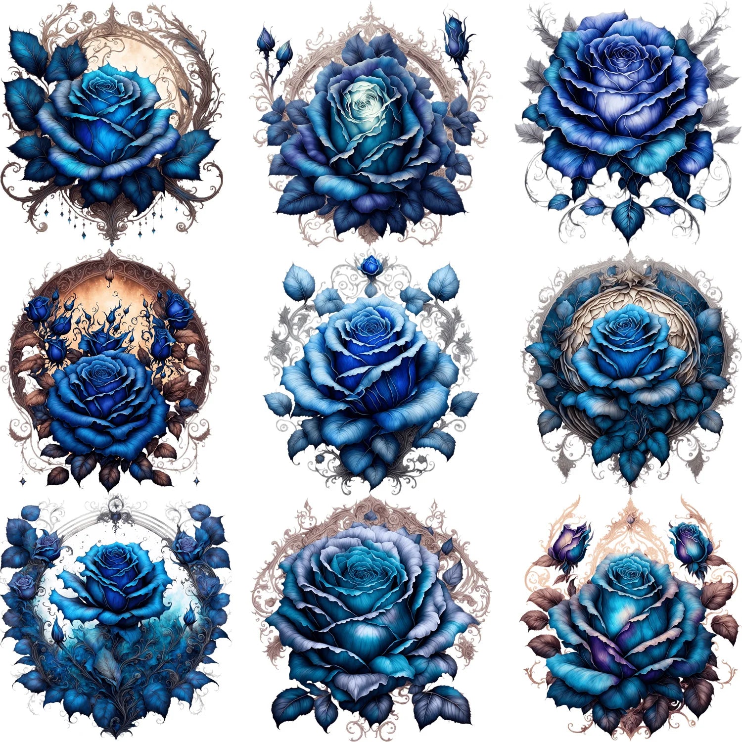 9 Sheets 4 Inch Blue Rose Iron-On Applique Patches – Floral Theme Heat Transfer for DIY Clothing, T-Shirts, Masks, Jeans & Crafts