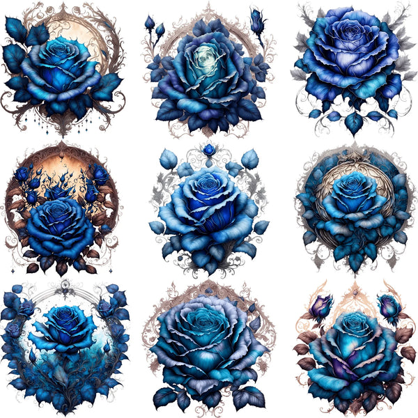 9 Sheets 4 Inch Blue Rose Iron-On Applique Patches – Floral Theme Heat Transfer for DIY Clothing, T-Shirts, Masks, Jeans & Crafts