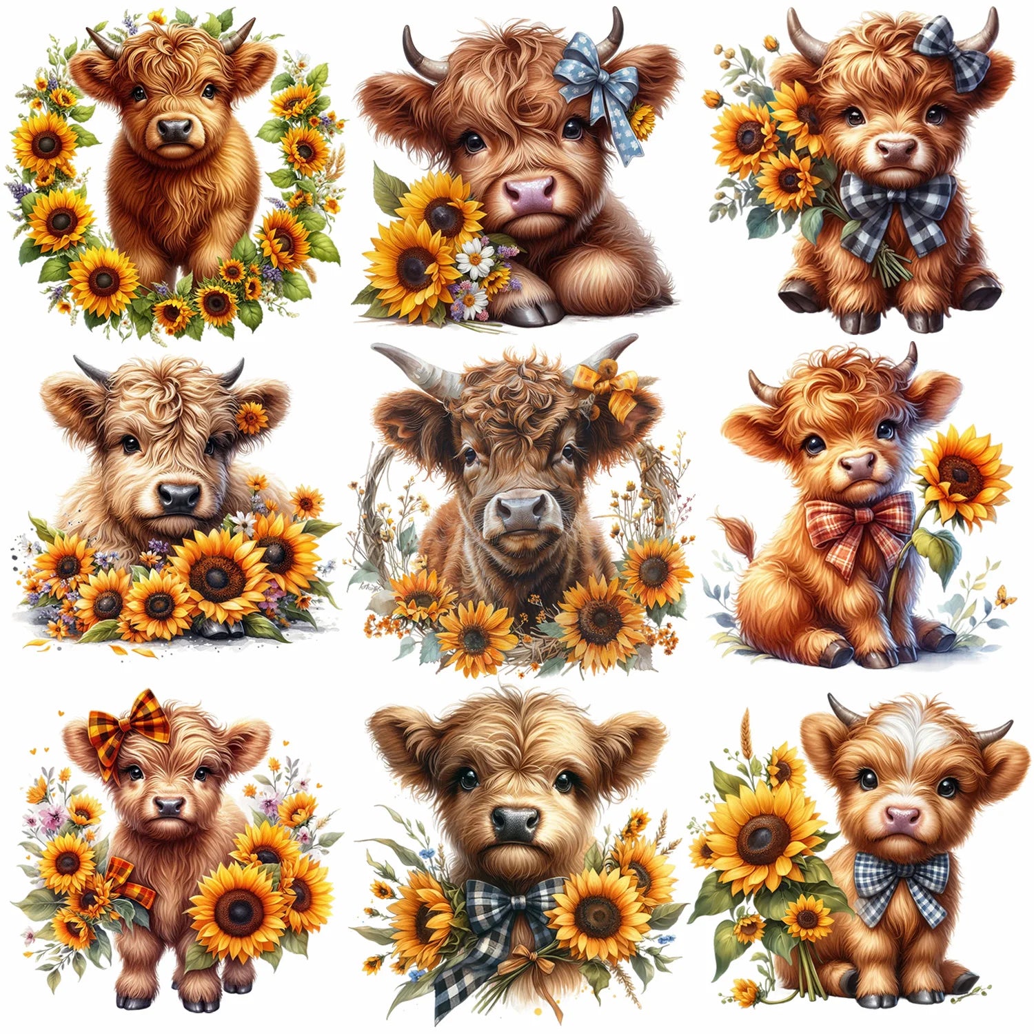 9 Sheets Highland Cattle Iron-On Decals – Funny Animal Theme Heat Transfers for T-Shirts, Sunflower Designs, DIY Clothing, Masks & Jeans – Cows with Flowers, Fluffy Faces & Country Style