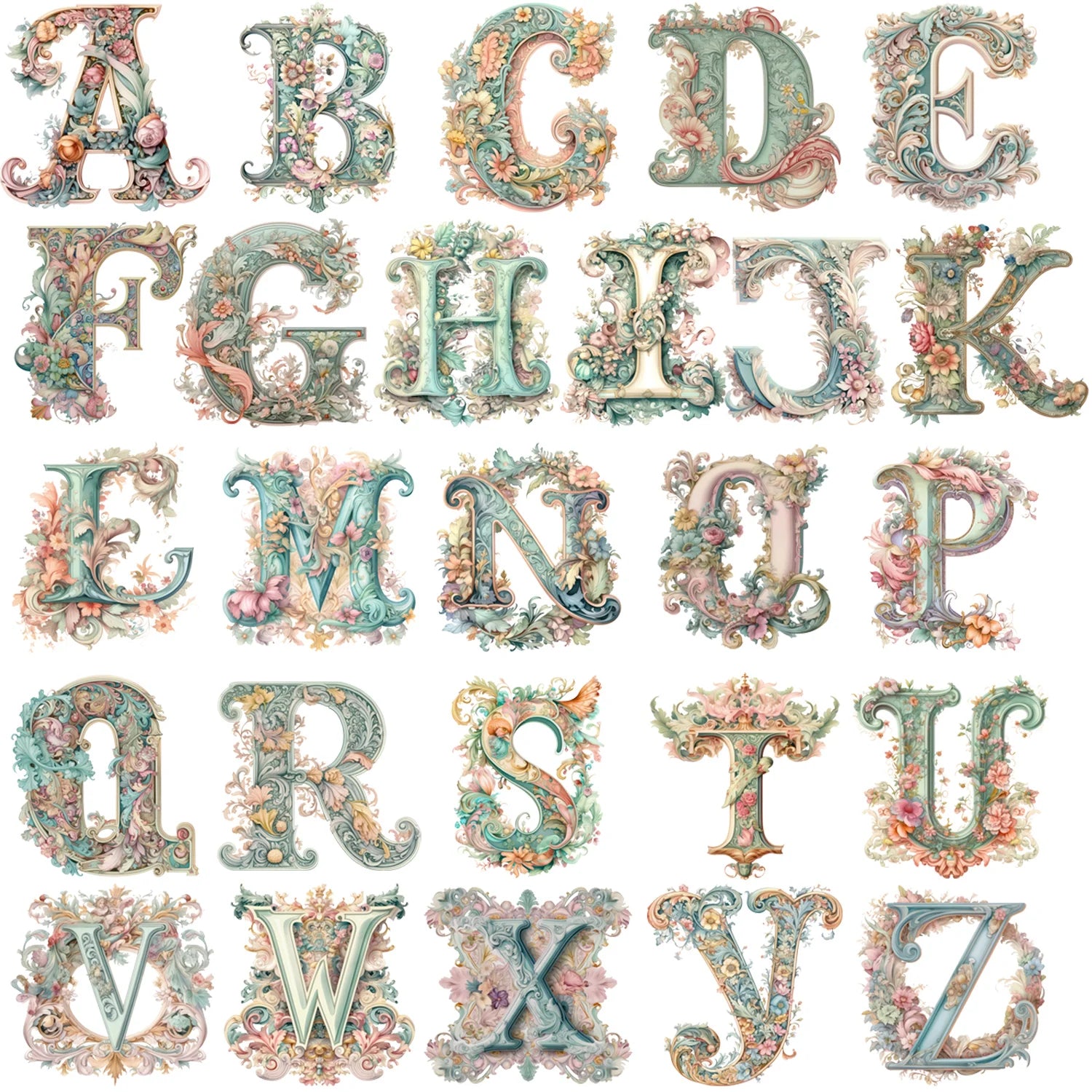 2 Sets of 2 Inch Personalized Floral English Alphabet Theme Print Iron-On Decals