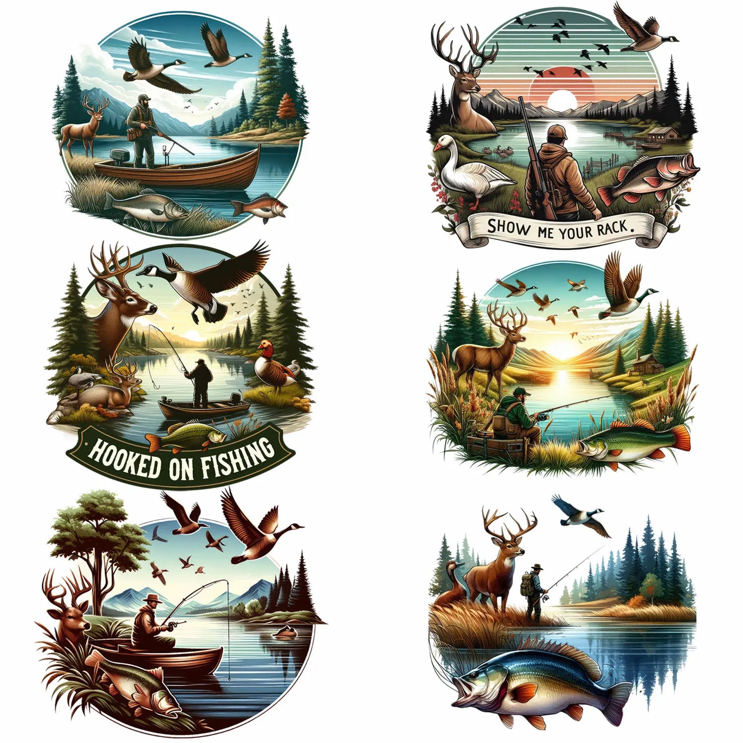 6 Sheets Hunting Themed Iron-On Decals – Deer, Fishing, Duck Heat Transfers for DIY T-Shirts, Masks, Jeans, Backpacks & Hats – Outdoor Adventure & Camo Designs for Hunters & Anglers
