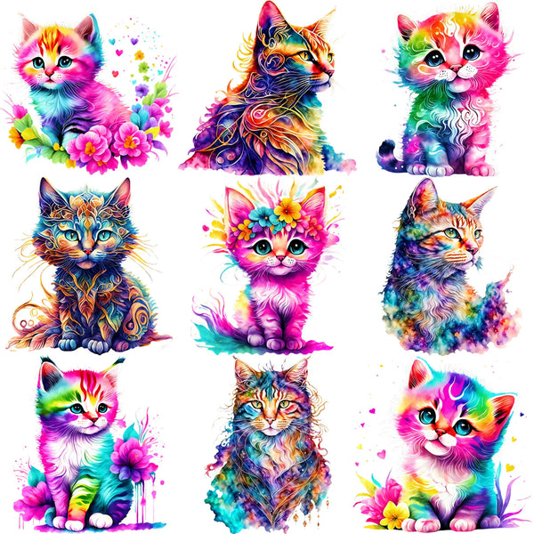 9 Pack Watercolor Cute Floral Cat Iron-On Transfers – Heat Press Decals for T-shirts, Tote Bags, Sweatshirts & DIY Gifts (Assorted Cat Designs)