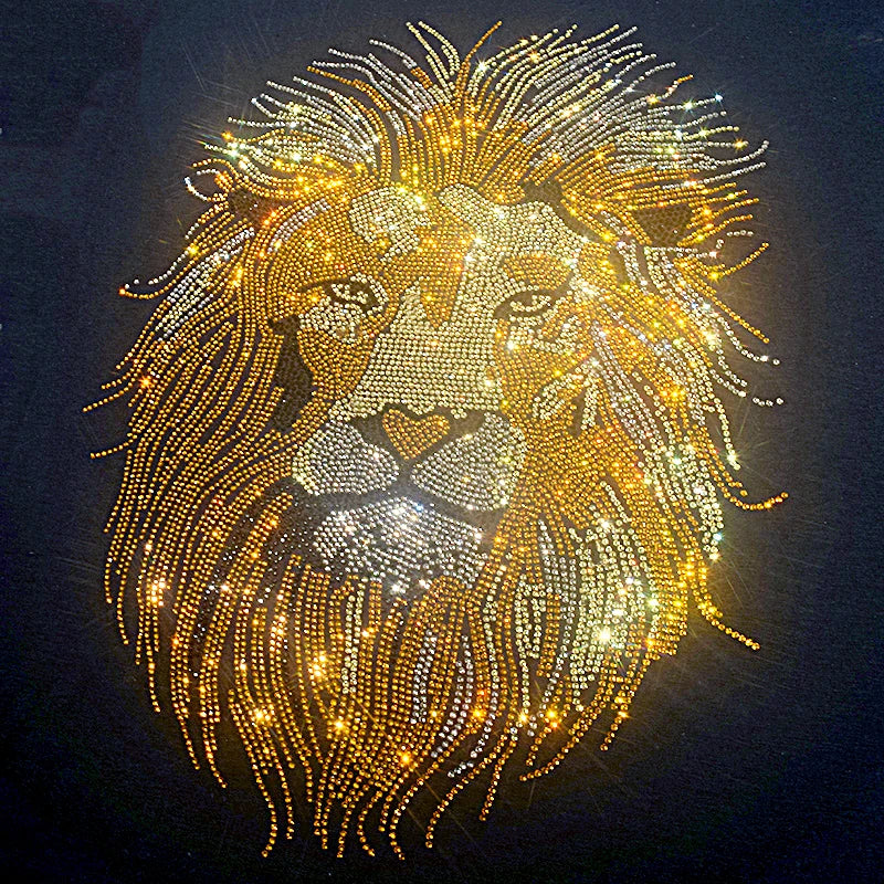Golden Lion Hot Diamond Sequin Iron-On Applique Patch – Hot Fix Rhinestone Transfer Motif for DIY Shirts, Dresses, Jackets & Bags – Royal Gold Lion Design for Clothing Decoration