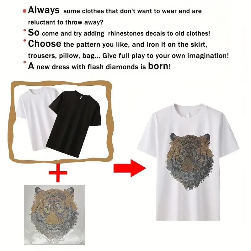 Tiger Head Rhinestone Sticker – Bling Tiger Iron-On Transfer for DIY Clothing, T-Shirts, Hoodies & Accessories – Sparkle Crystal Animal Design Heat Press Decal