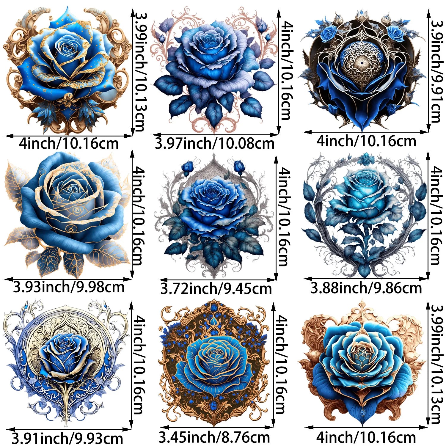 9 Sheets 4 Inch Blue Rose Iron-On Applique Patches – Floral Theme Heat Transfer for DIY Clothing, T-Shirts, Masks, Jeans & Crafts