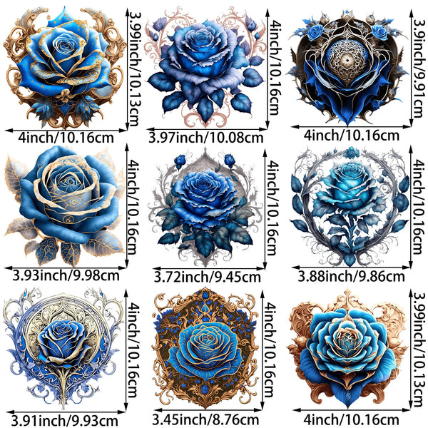 9 Sheets 4 Inch Blue Rose Iron-On Applique Patches – Floral Theme Heat Transfer for DIY Clothing, T-Shirts, Masks, Jeans & Crafts