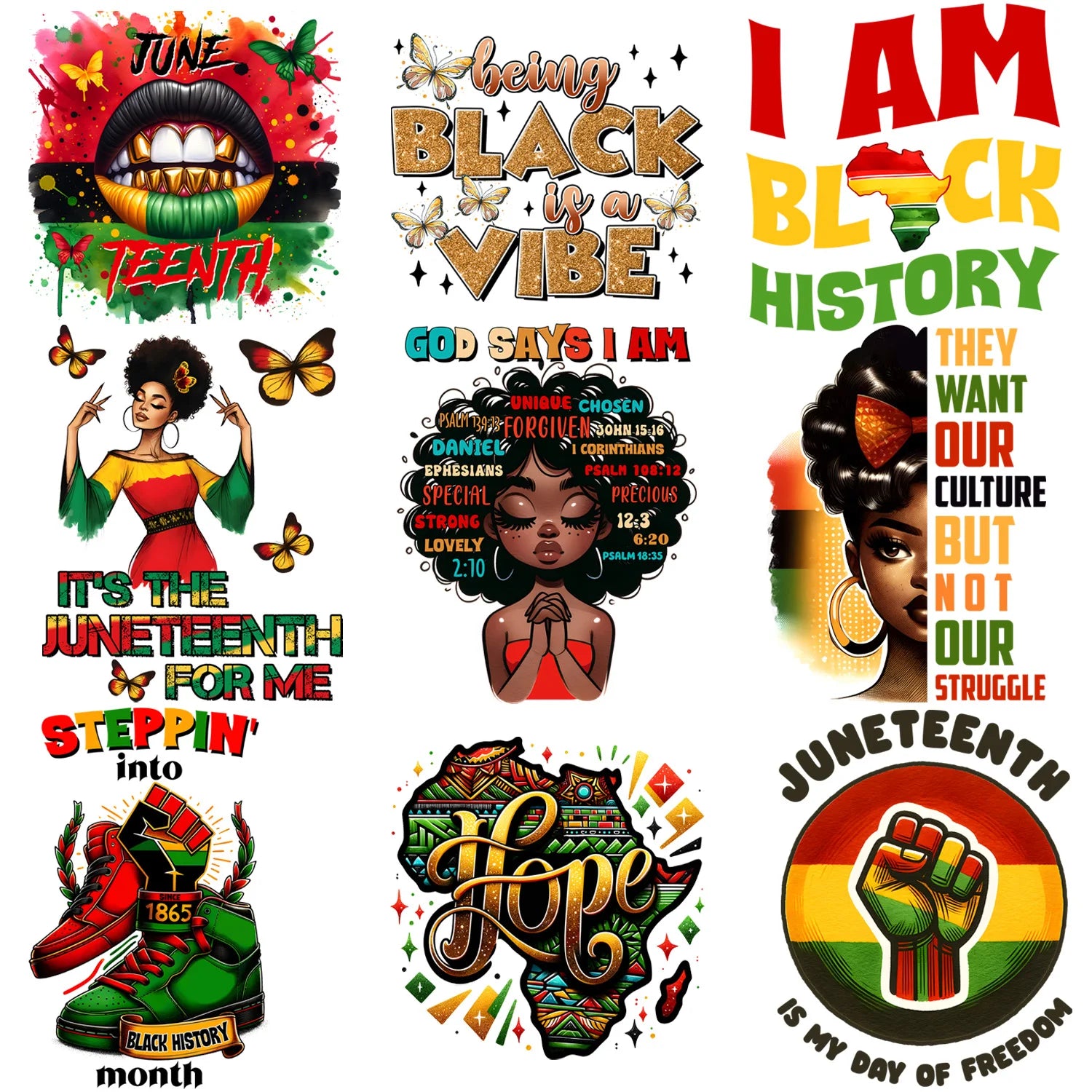 9 Sheets Black Queen Iron-On Decals – Afrocentric Heat Transfers for T-Shirts, Juneteenth Apparel, DIY Clothing, Masks, Jeans & Backpacks – Melanin, Afro Crown, Royal & Empowered Designs