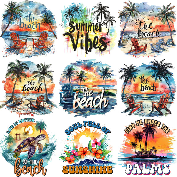 9 Pack Summer Sunset Iron-On Patches – Beach Theme Heat Transfers for T-Shirts, DIY Clothing & Vacation Crafts – Tropical Sun, Palm Trees, Ocean Waves & Coastal Designs