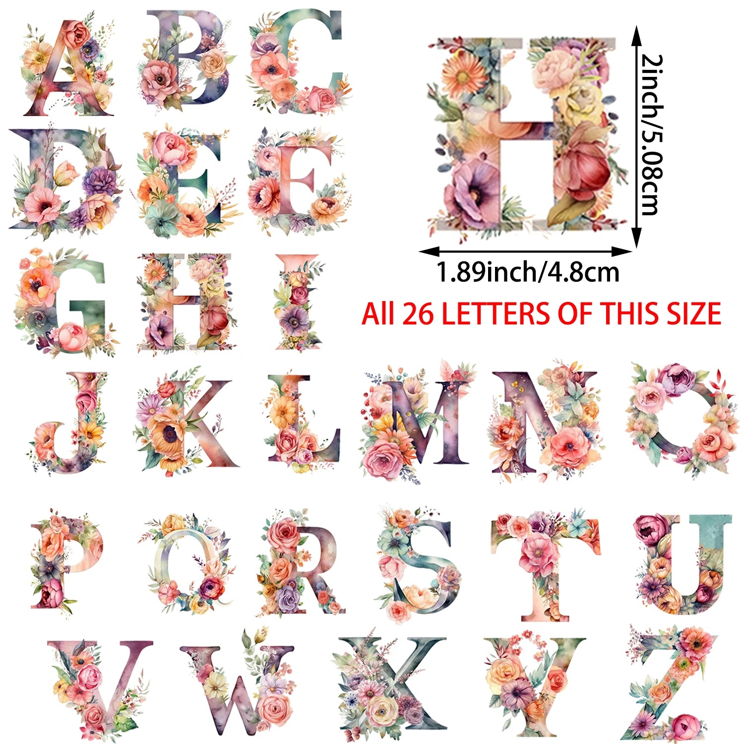 2 Sets of 2 Inch Personalized Floral English Alphabet Theme Print Iron-On Decals