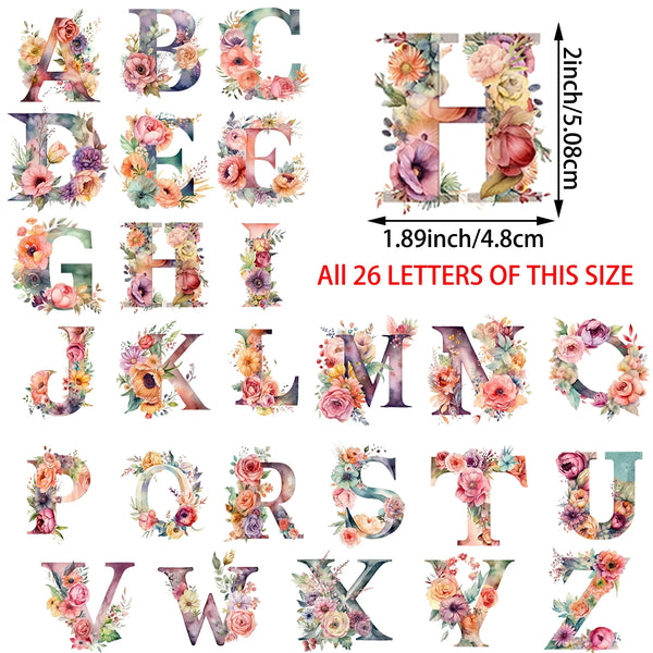 2 Sets of 2 Inch Personalized Floral English Alphabet Theme Print Iron-On Decals