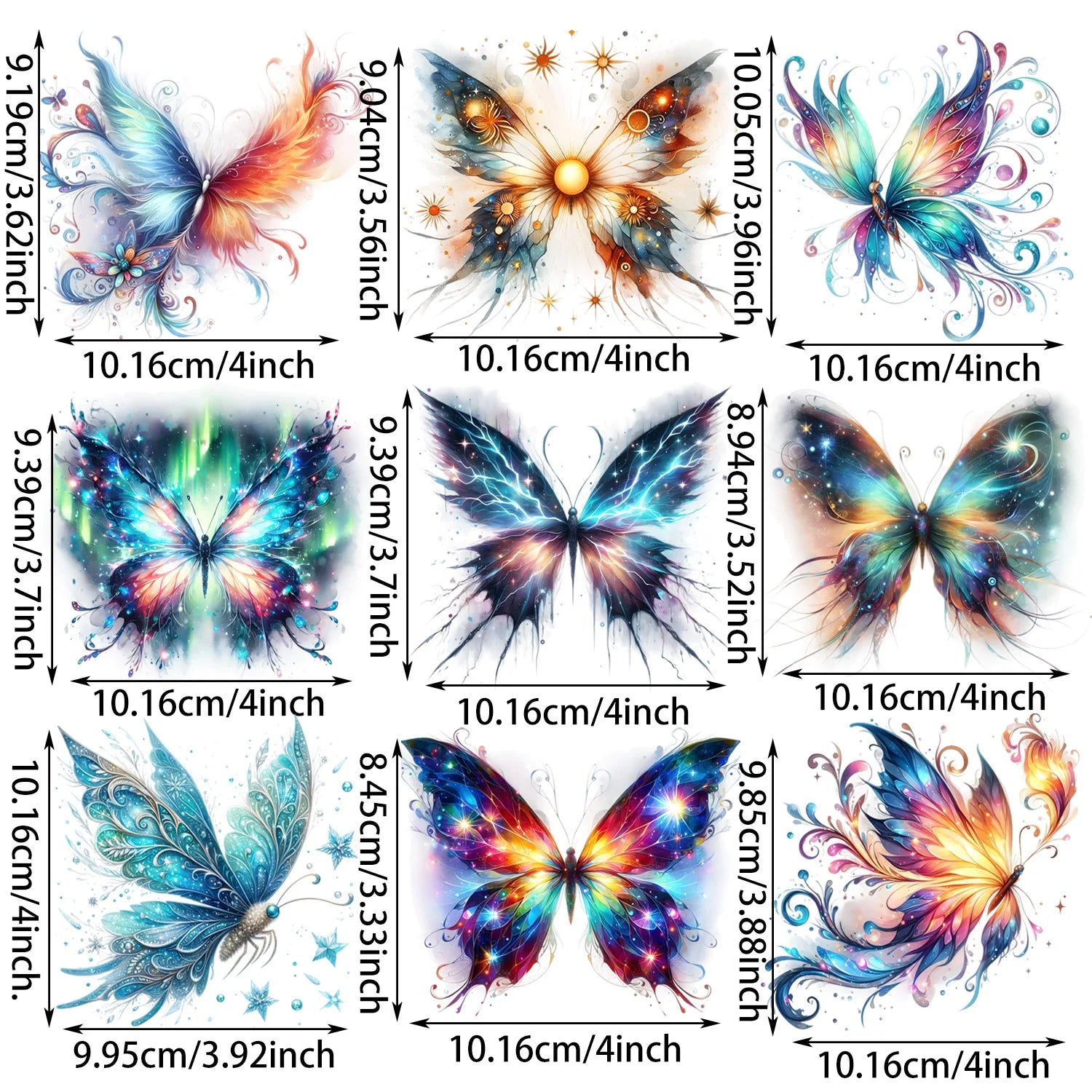 9 Sheets Colorful Butterfly Iron-On Decals – Beautiful Rainbow Wing Heat Transfers for T-Shirts, DIY Clothing, Masks, Jeans & Backpacks – Cool Vibrant Butterfly Designs for Adults, Teens & Kids