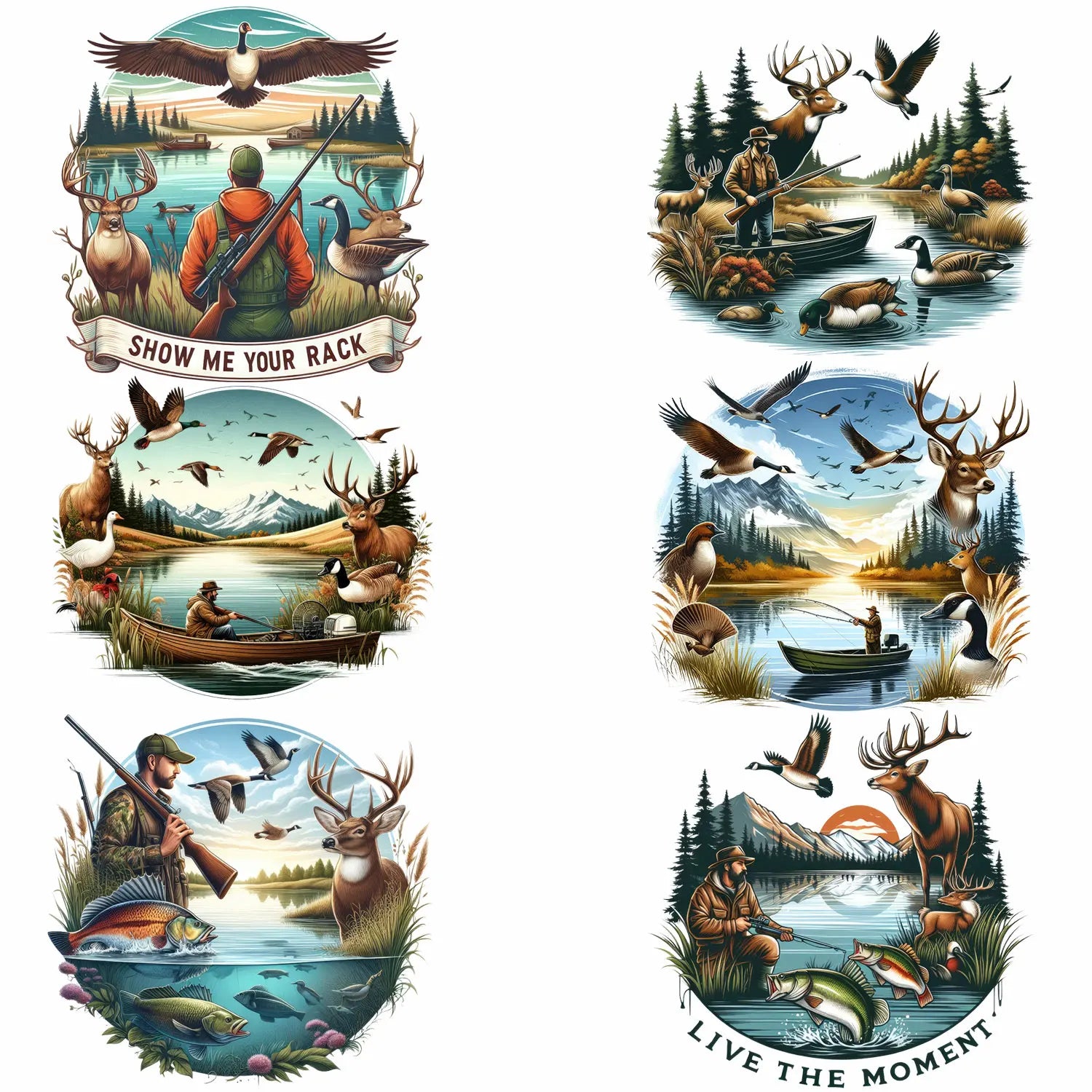6 Sheets Hunting Themed Iron-On Decals – Deer, Fishing, Duck Heat Transfers for DIY T-Shirts, Masks, Jeans, Backpacks & Hats – Outdoor Adventure & Camo Designs for Hunters & Anglers