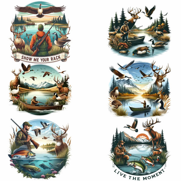 6 Sheets Hunting Themed Iron-On Decals – Deer, Fishing, Duck Heat Transfers for DIY T-Shirts, Masks, Jeans, Backpacks & Hats – Outdoor Adventure & Camo Designs for Hunters & Anglers