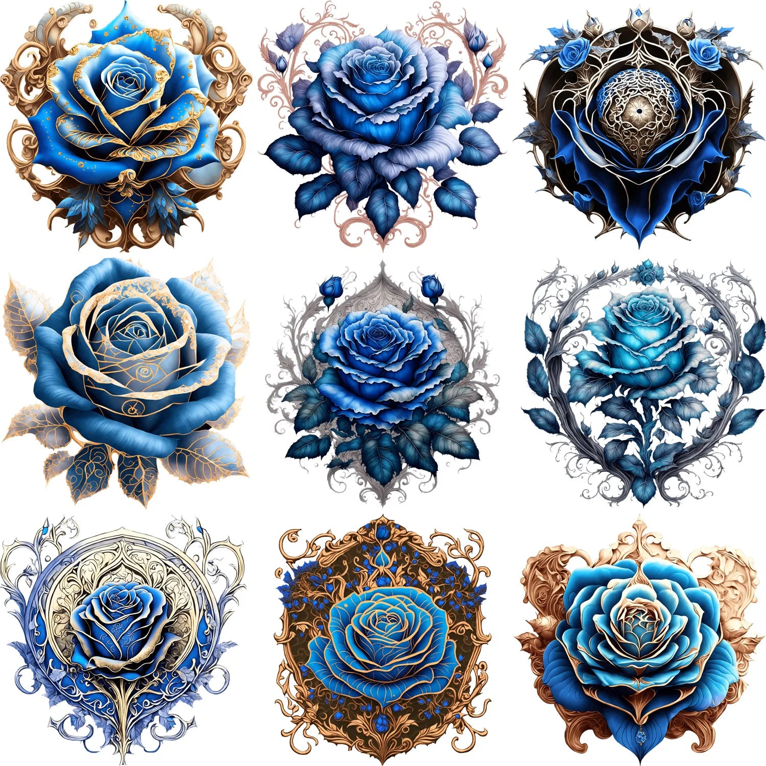 9 Sheets 4 Inch Blue Rose Iron-On Applique Patches – Floral Theme Heat Transfer for DIY Clothing, T-Shirts, Masks, Jeans & Crafts