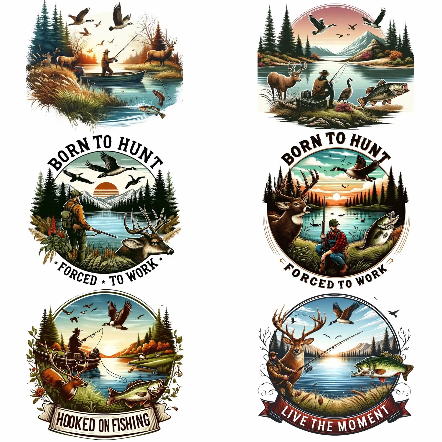 6 Sheets Hunting Themed Iron-On Decals – Deer, Fishing, Duck Heat Transfers for DIY T-Shirts, Masks, Jeans, Backpacks & Hats – Outdoor Adventure & Camo Designs for Hunters & Anglers