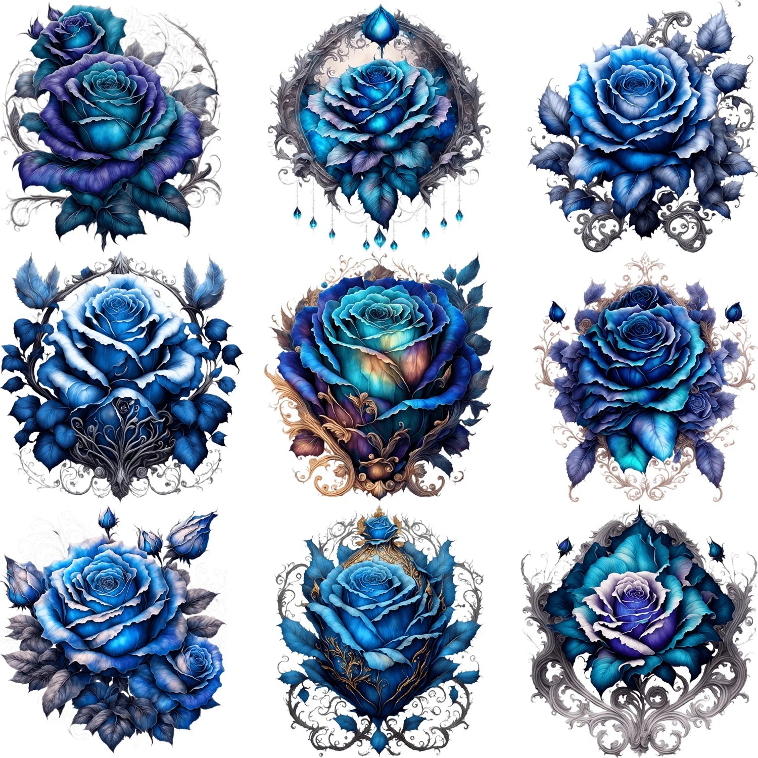 9 Sheets 4 Inch Blue Rose Iron-On Applique Patches – Floral Theme Heat Transfer for DIY Clothing, T-Shirts, Masks, Jeans & Crafts