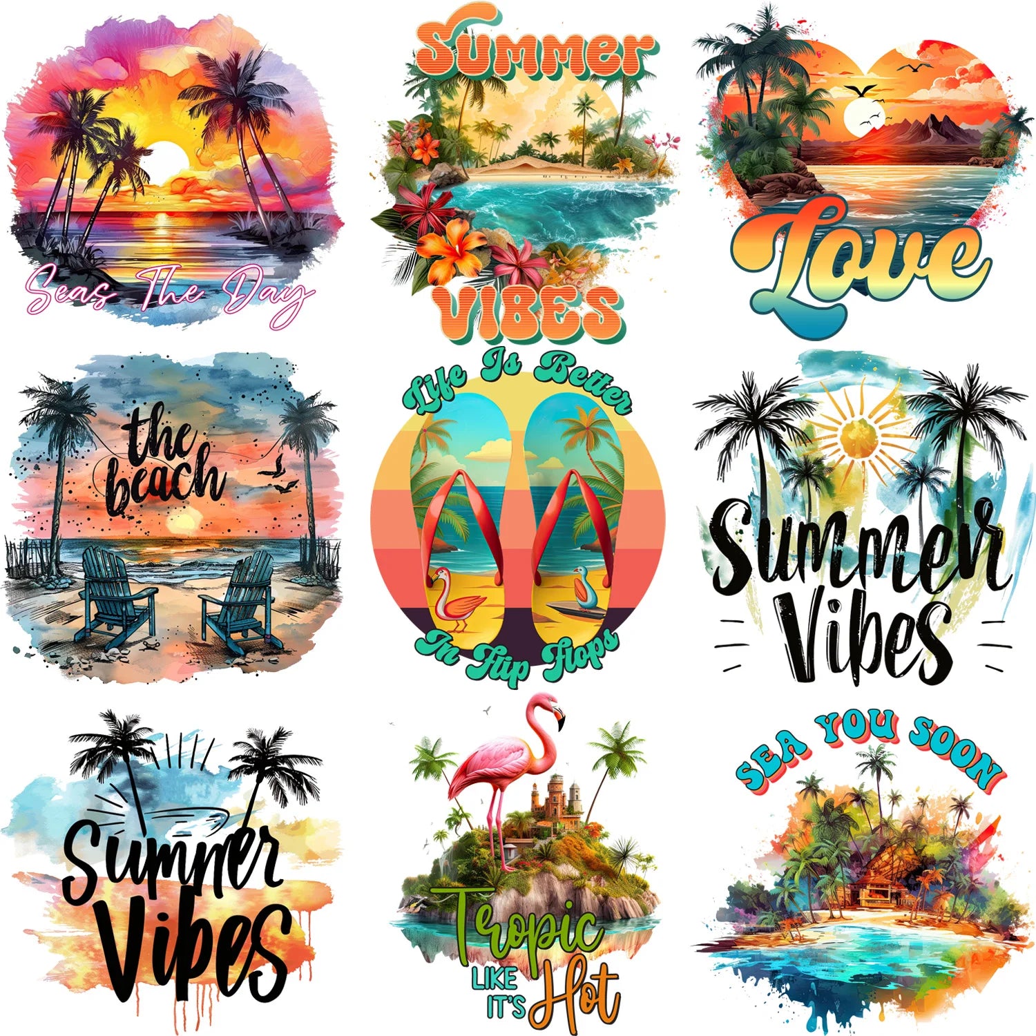 9 Pack Summer Sunset Iron-On Patches – Beach Theme Heat Transfers for T-Shirts, DIY Clothing & Vacation Crafts – Tropical Sun, Palm Trees, Ocean Waves & Coastal Designs