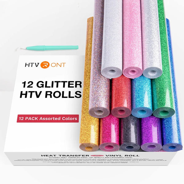 12 Pack Glitter HTV Rolls – 10"x5ft Sparkle Iron On Vinyl for Cricut, DIY T-Shirts, Stockings & Christmas Decor by HTVRONT